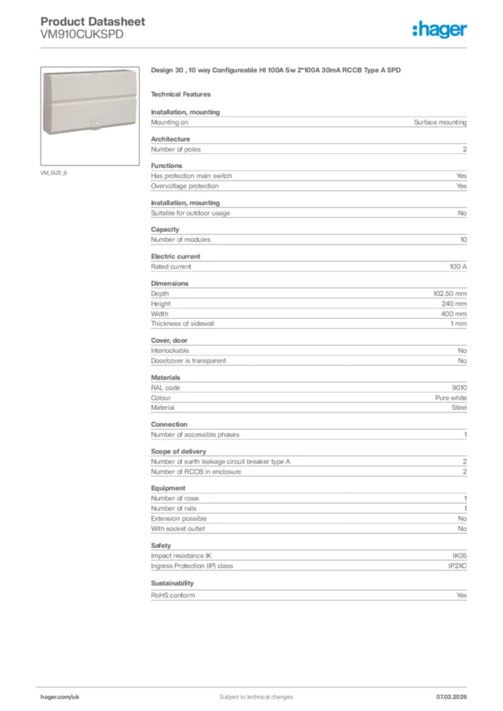 Image Hager Product data sheet VM910CUKSPD  | Hager