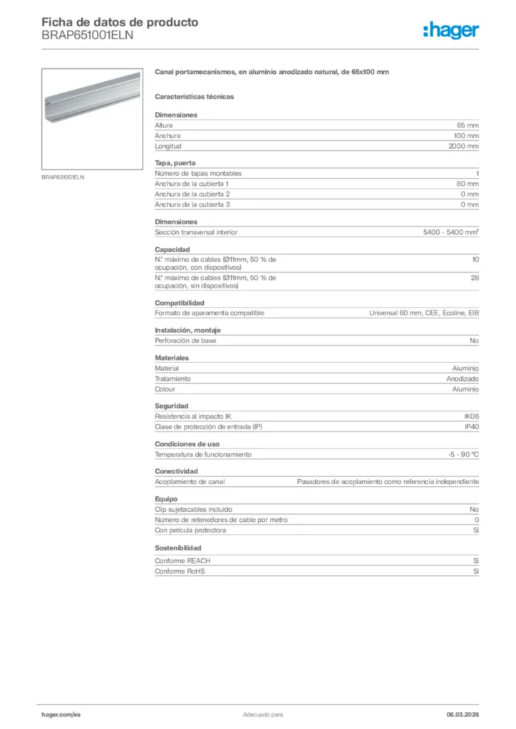 Imagen Hager Ficha de datos de producto BRAP651001ELN | Hager España