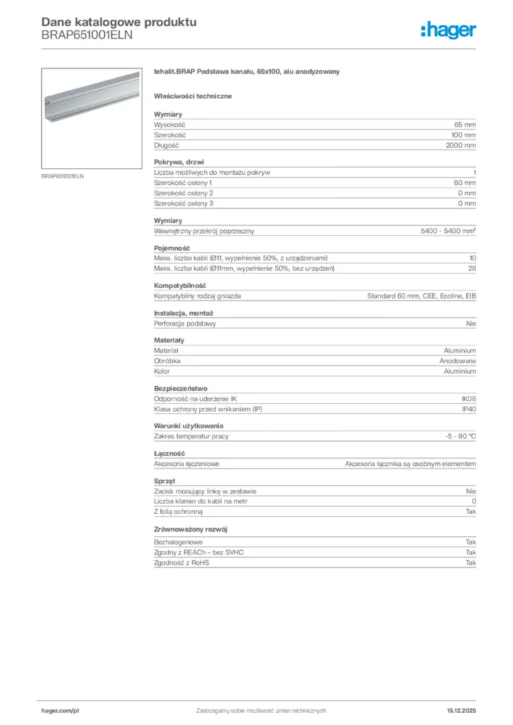 Zdjęcie Hager Karta katalogowa BRAP651001ELN | Hager Polska
