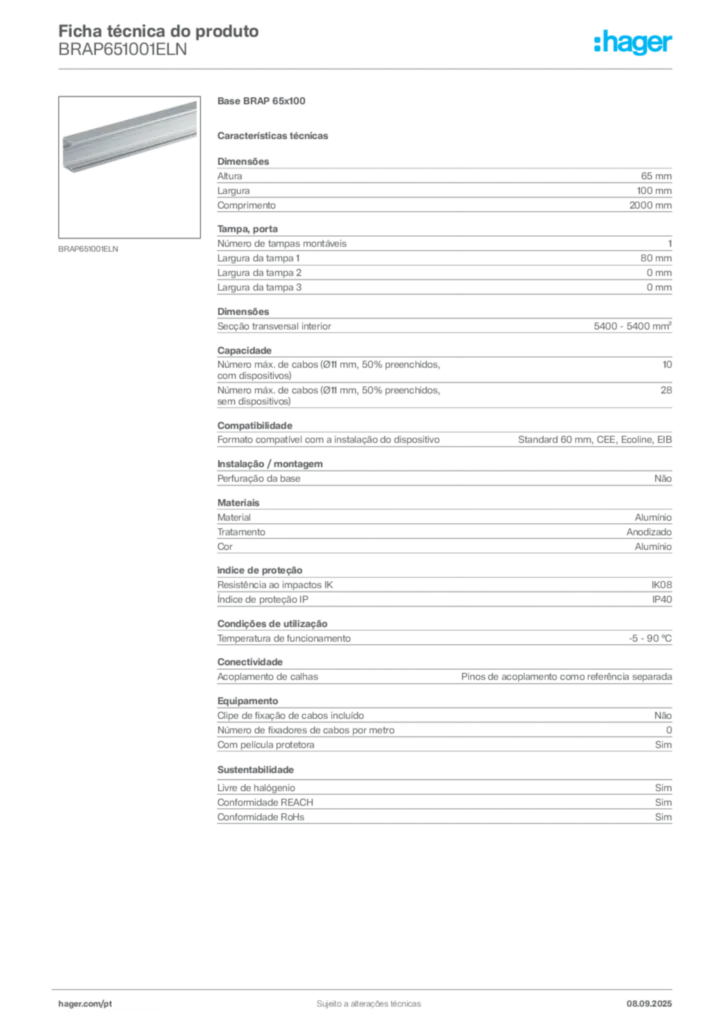 Imagem Hager Ficha técnica do produto BRAP651001ELN | Hager Portugal