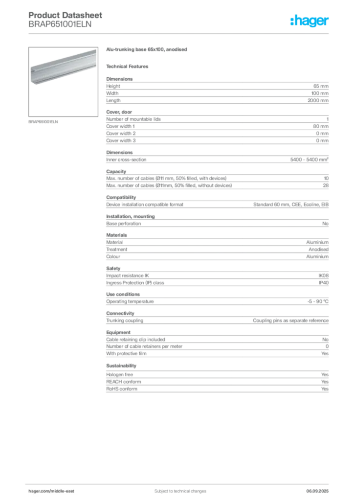 Image Hager Product data sheet BRAP651001ELN  | Hager