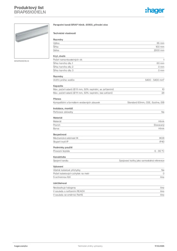 Obrázek Hager Produktový list BRAP651001ELN | Hager