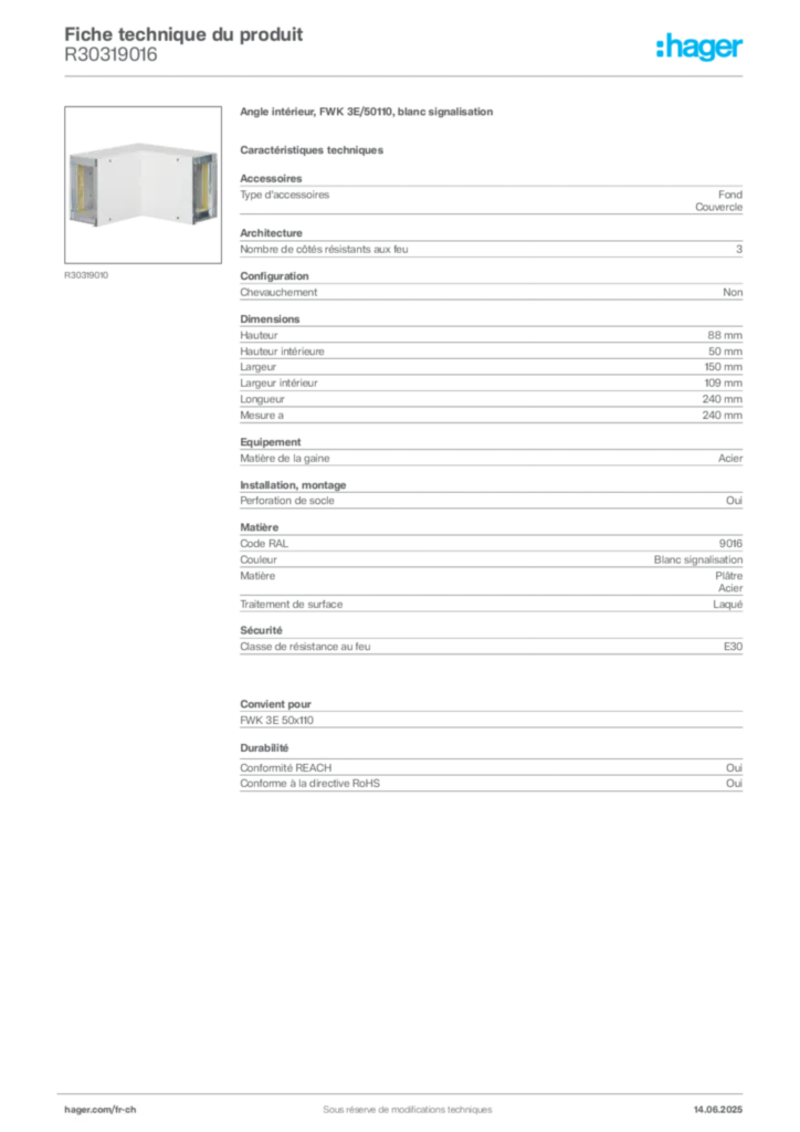 Image Hager Fiche technique du produit R30319016 | Hager Suisse