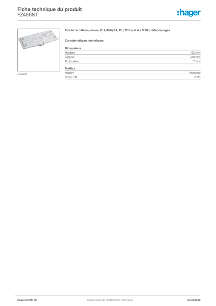 Image Hager Fiche technique du produit FZ466NT | Hager Suisse