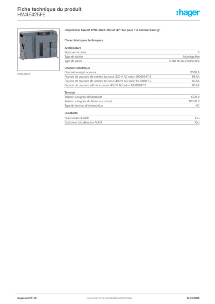 Image Hager Fiche technique du produit HW4E425FE | Hager Suisse