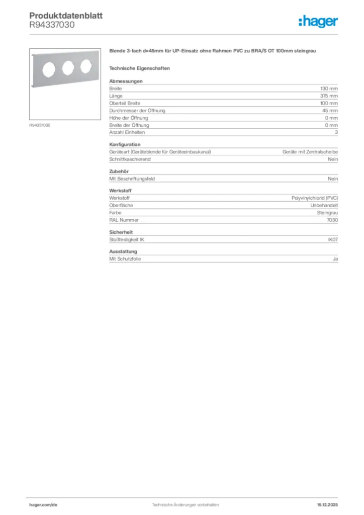 Bild Hager Produktdatenblatt R94337030 | Hager Deutschland