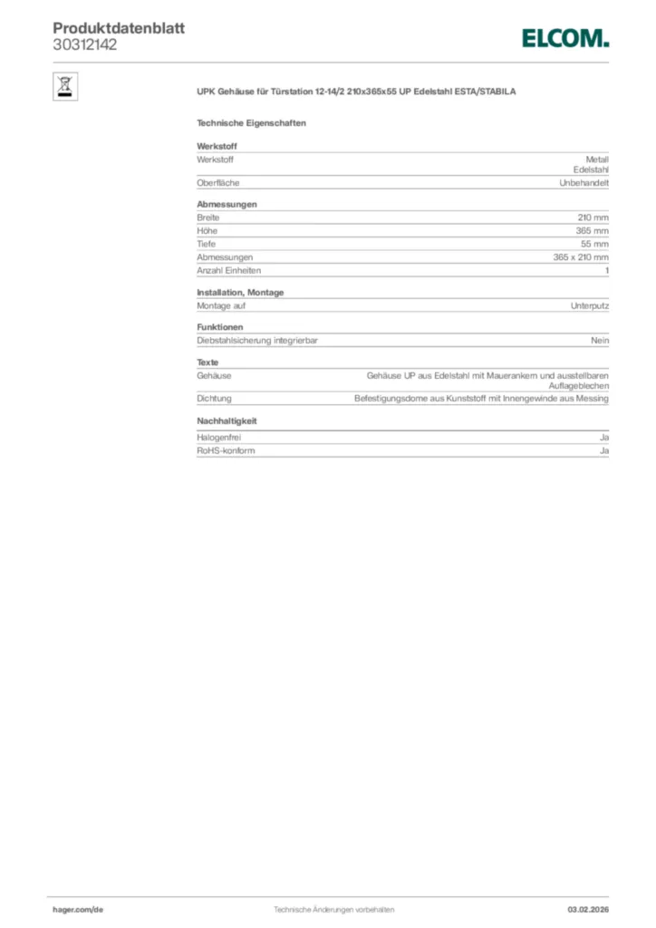 Bild Elcom Produktdatenblatt 30312142 | Hager Deutschland