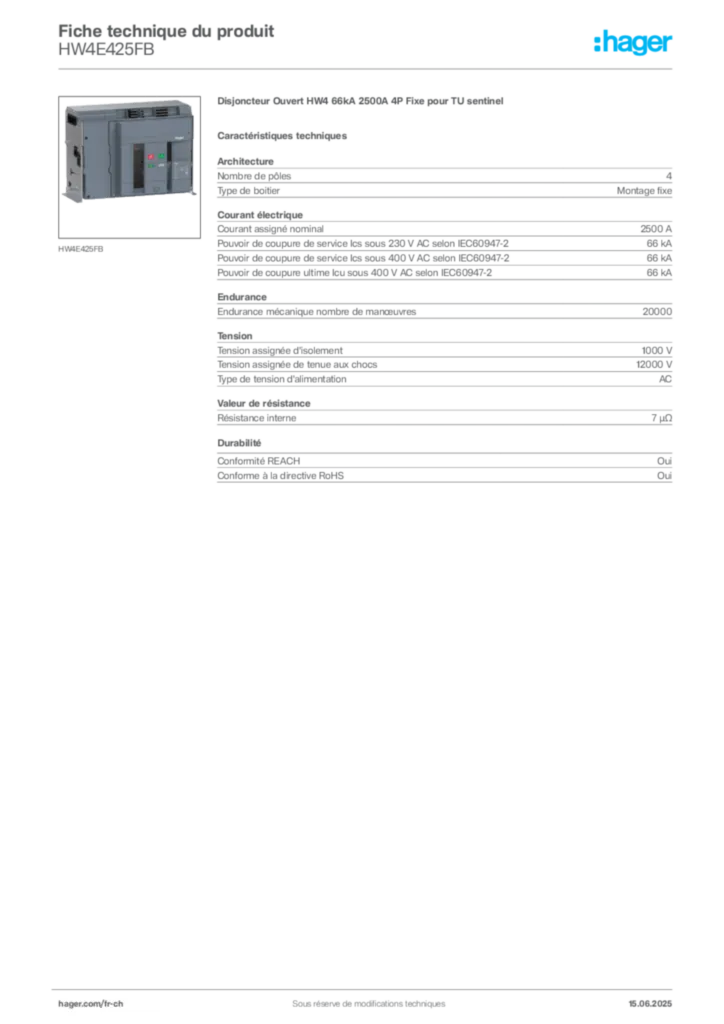 Image Hager Fiche technique du produit HW4E425FB | Hager Suisse
