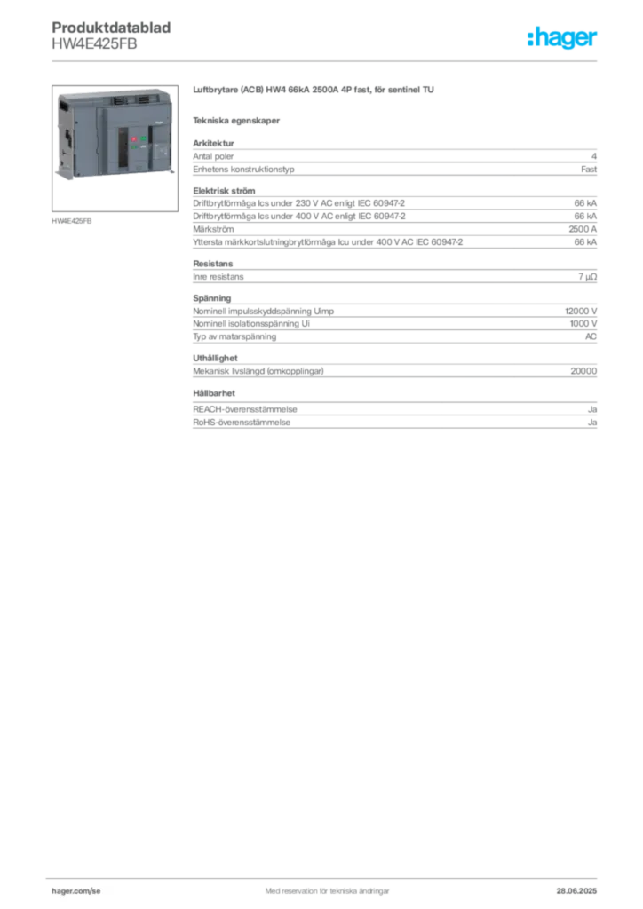 Bild Hager Produktdatablad HW4E425FB | Hager Sverige