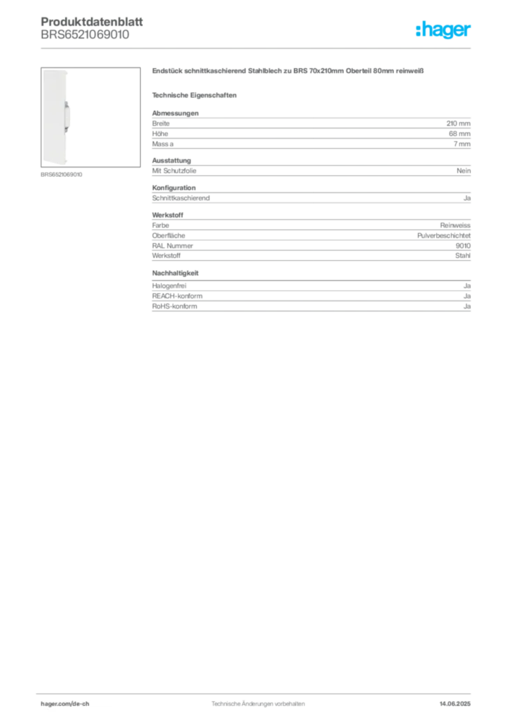 Bild Hager Produktdatenblatt BRS6521069010 | Hager Schweiz