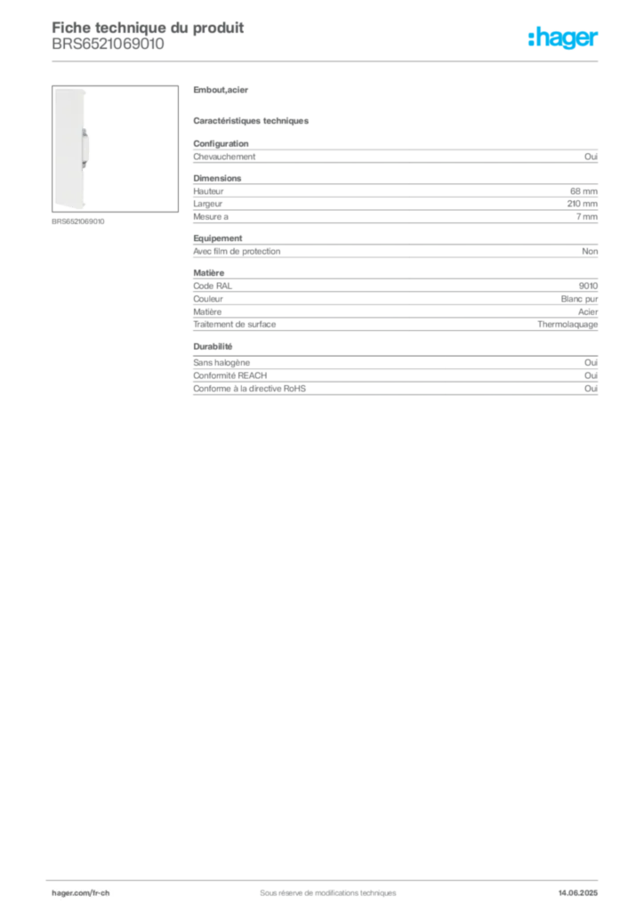 Image Hager Fiche technique du produit BRS6521069010 | Hager Suisse