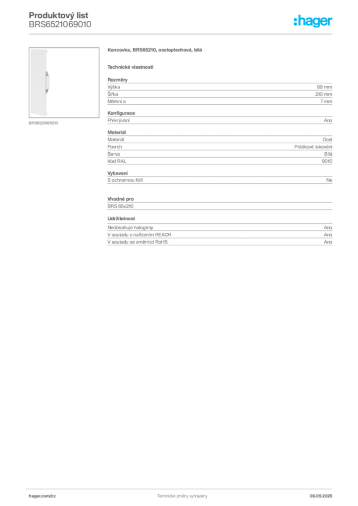 Obrázek Hager Produktový list BRS6521069010 | Hager