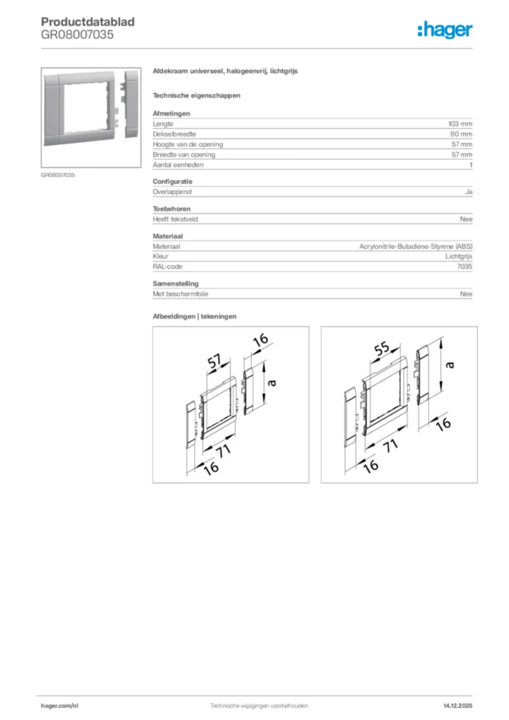 Afbeelding Hager Productdatablad GR08007035 | Hager Nederland