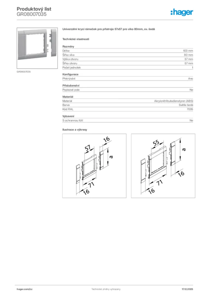 Obrázek Hager Produktový list GR08007035 | Hager