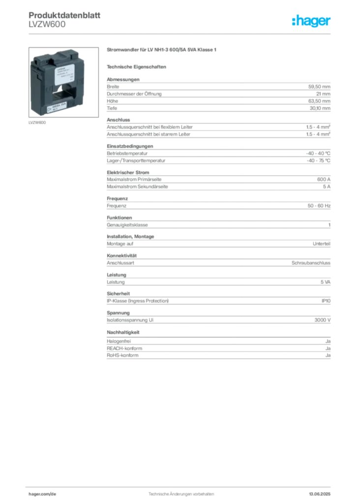Bild Hager Produktdatenblatt LVZW600 | Hager Deutschland