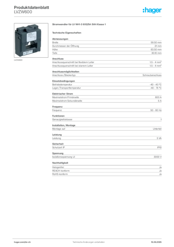 Bild Hager Produktdatenblatt LVZW600 | Hager Schweiz
