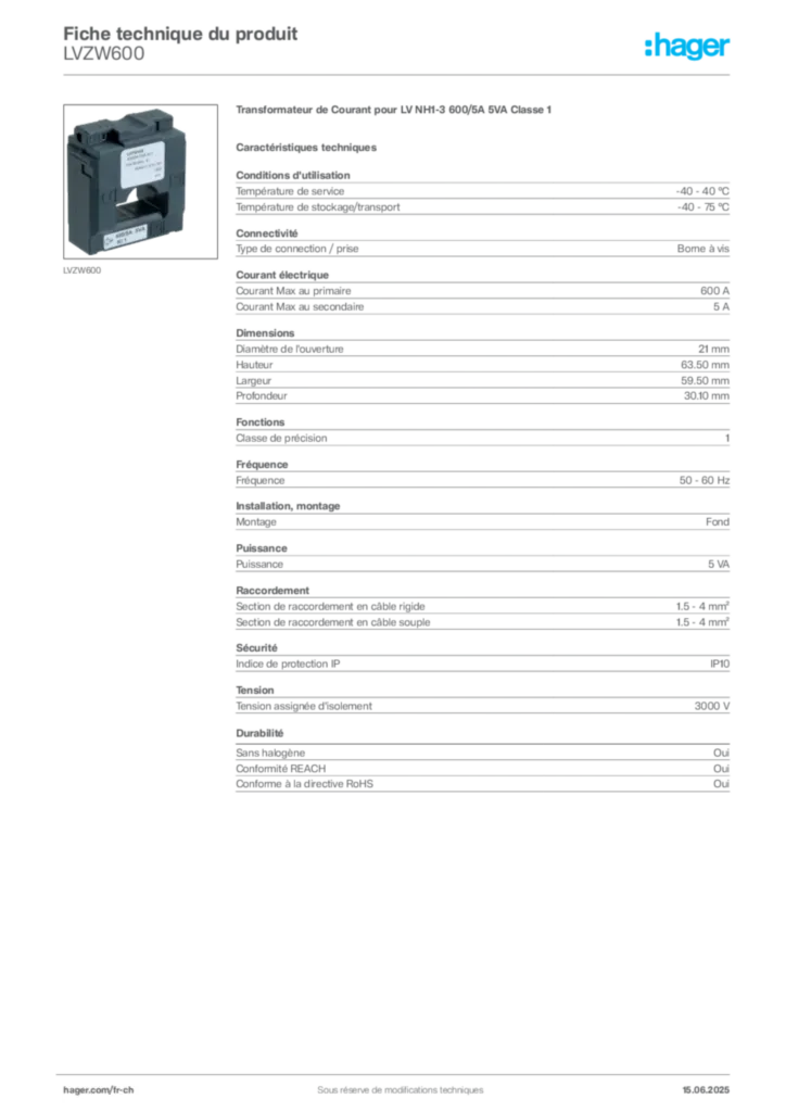 Image Hager Fiche technique du produit LVZW600 | Hager Suisse