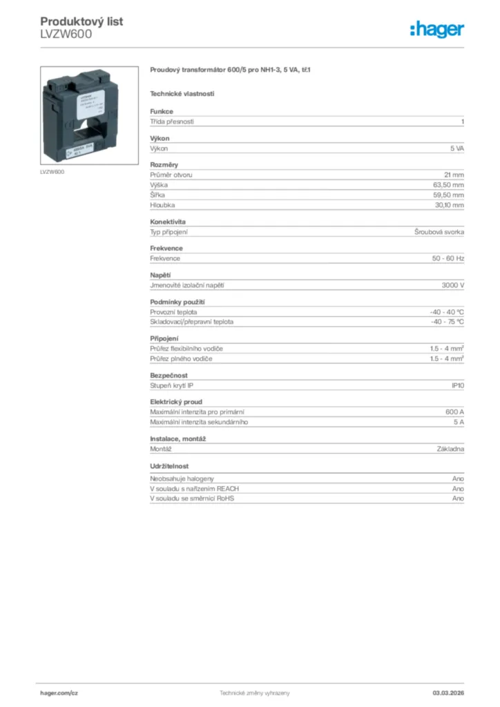 Obrázek Hager Product data sheet LVZW600 | Hager