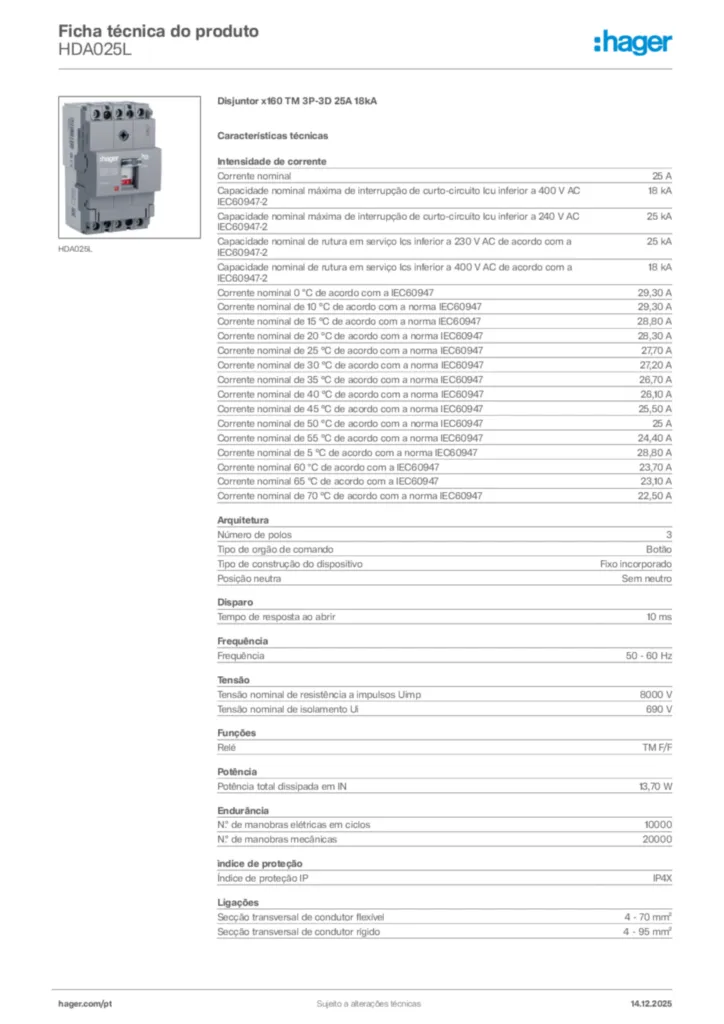 Imagem Hager Ficha técnica do produto HDA025L | Hager Portugal