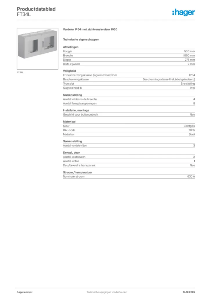 Afbeelding Hager Productdatablad FT34L | Hager Nederland