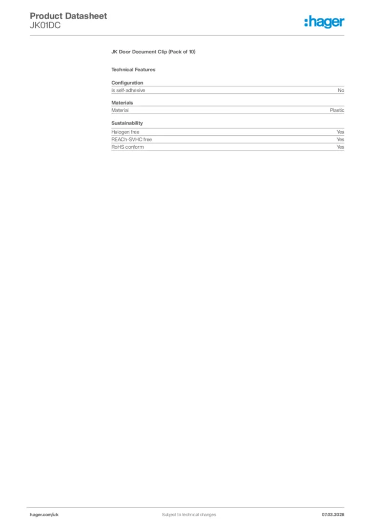 Image Hager Product data sheet JK01DC  | Hager