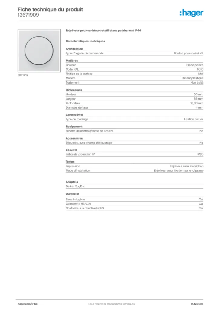Image Hager Fiche technique du produit 13671909 | Hager Belgique