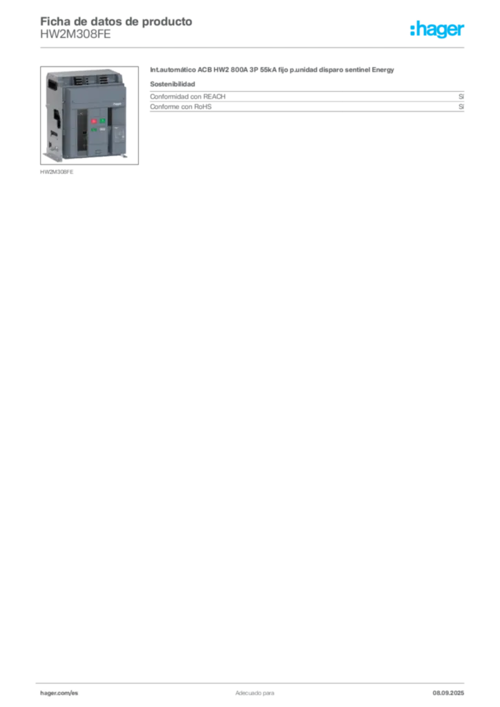Imagen Hager Ficha de datos de producto HW2M308FE | Hager España