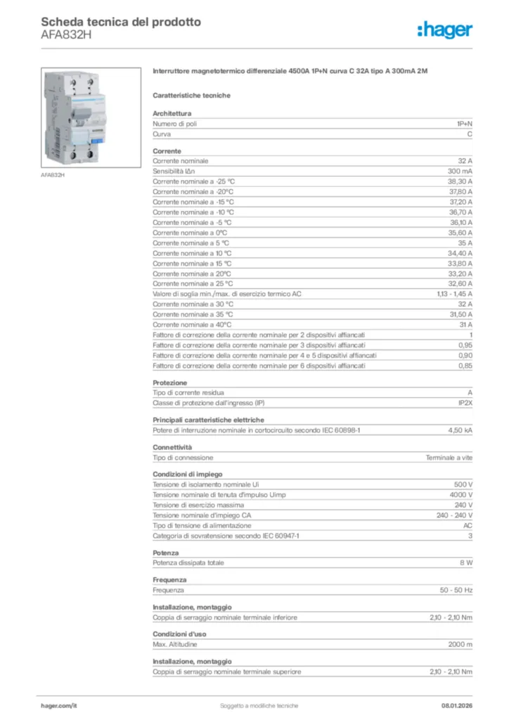 Immagine Hager Scheda tecnica del prodotto AFA832H | Hager Italia