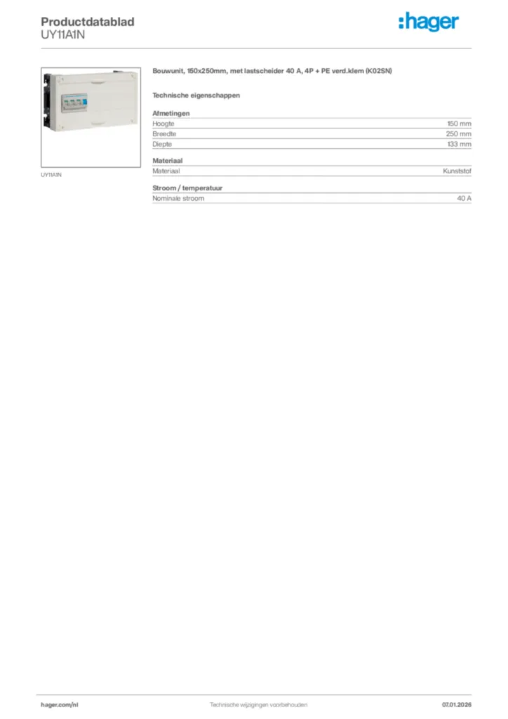Afbeelding Hager Productdatablad UY11A1N | Hager Nederland