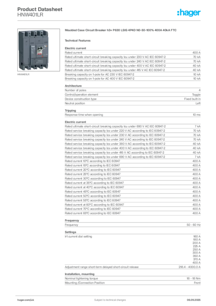 Image Hager Product data sheet HNW401LR  | Hager