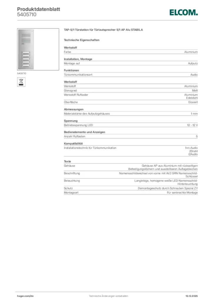 Bild Elcom Produktdatenblatt 5405710 | Hager Deutschland