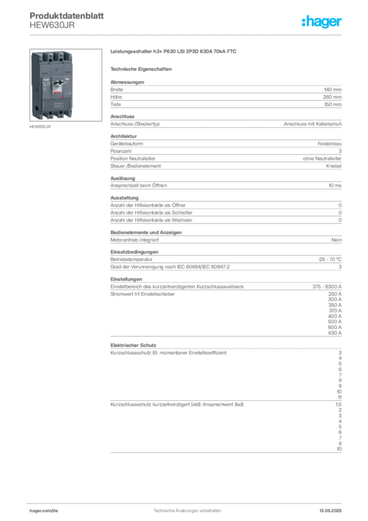 Bild Hager Produktdatenblatt HEW630JR | Hager Deutschland