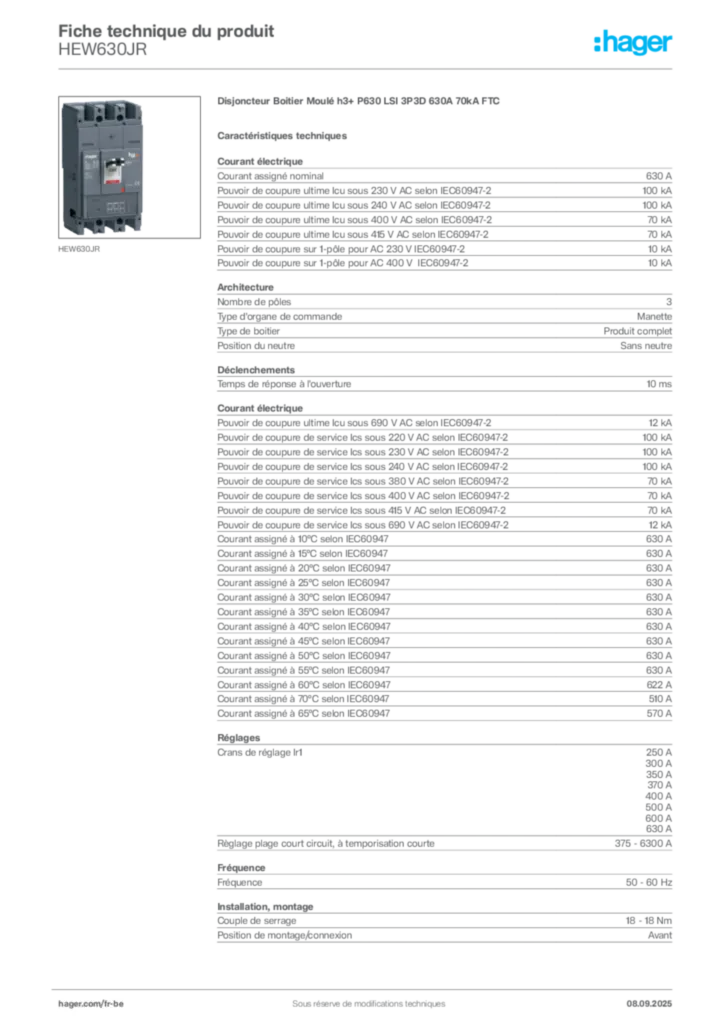 Image Hager Fiche technique du produit HEW630JR | Hager Belgique
