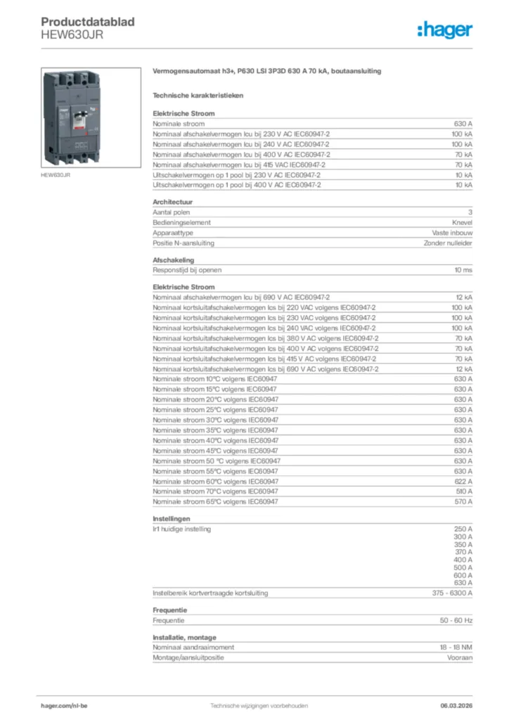 Afbeelding Hager Productdatablad HEW630JR | Hager Belgium