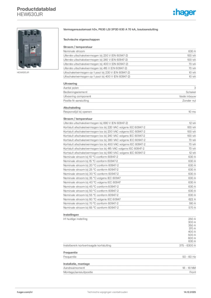 Afbeelding Hager Productdatablad HEW630JR | Hager Nederland