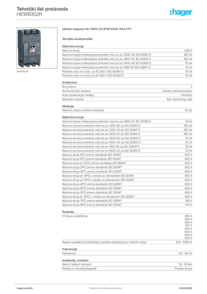 Slika Hager Tehnički list proizvoda HEW630JR  | Hager