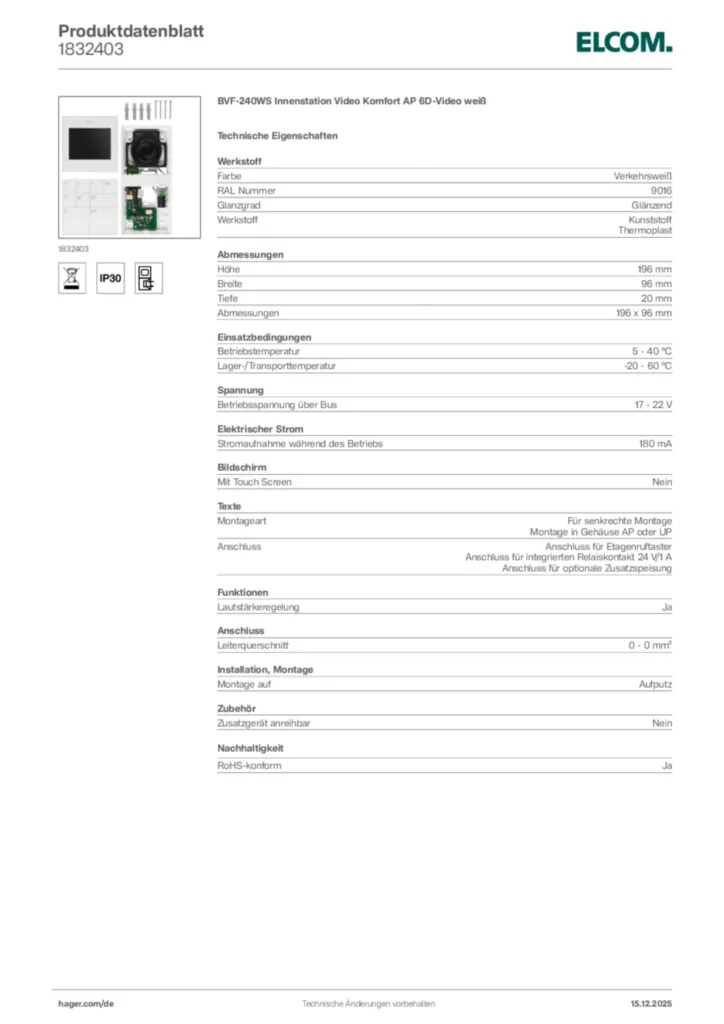 Bild Elcom Produktdatenblatt 1832403 | Hager Deutschland