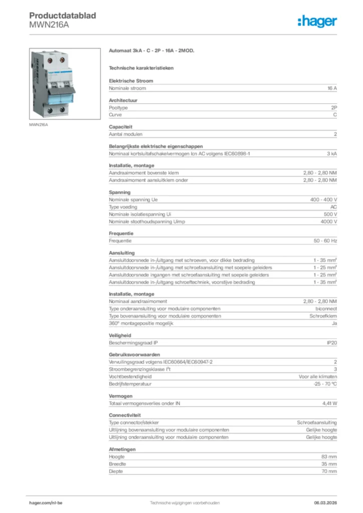 Afbeelding Hager Productdatablad MWN216A | Hager Belgium