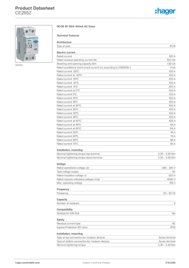 Image Hager Product data sheet CE285Z  | Hager
