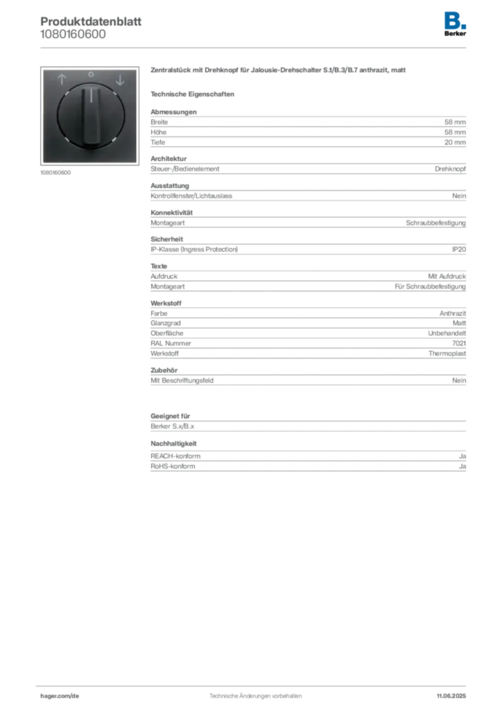 Berker Produktdatenblatt 1080160600