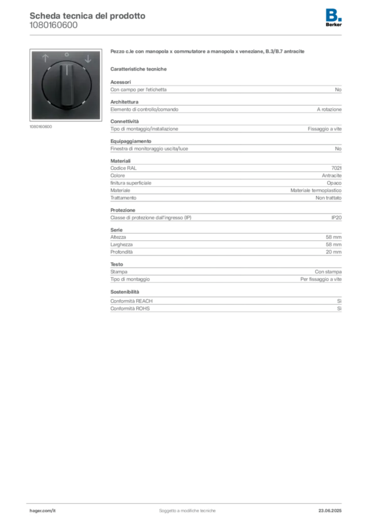 Immagine Berker Scheda tecnica del prodotto 1080160600 | Hager Italia