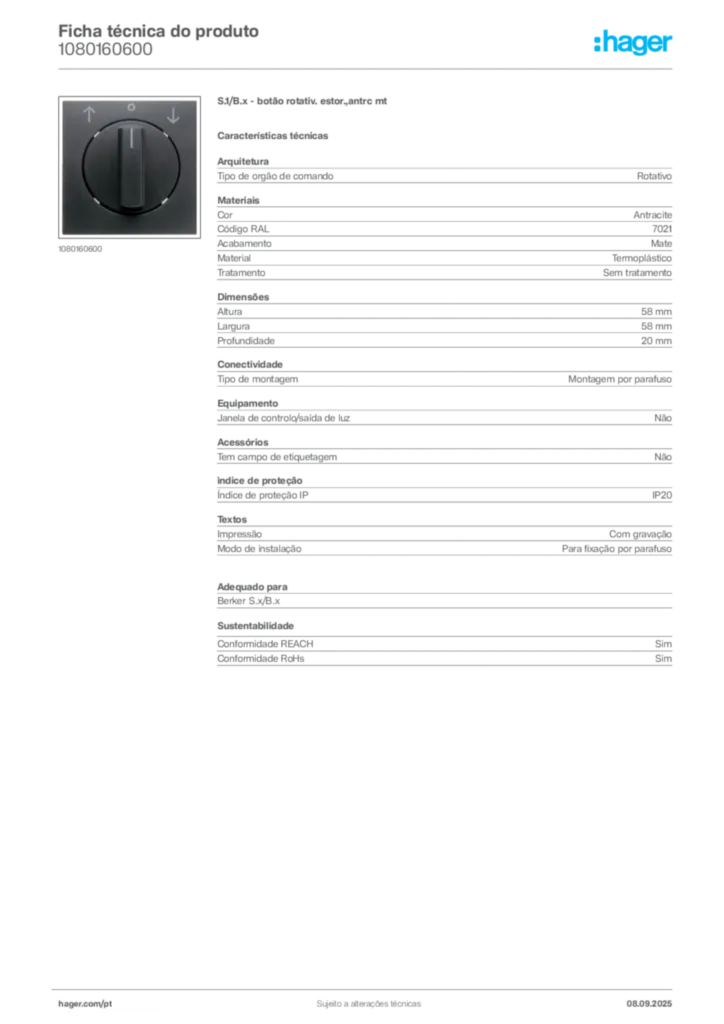 Imagem Hager Ficha técnica do produto 1080160600 | Hager Portugal