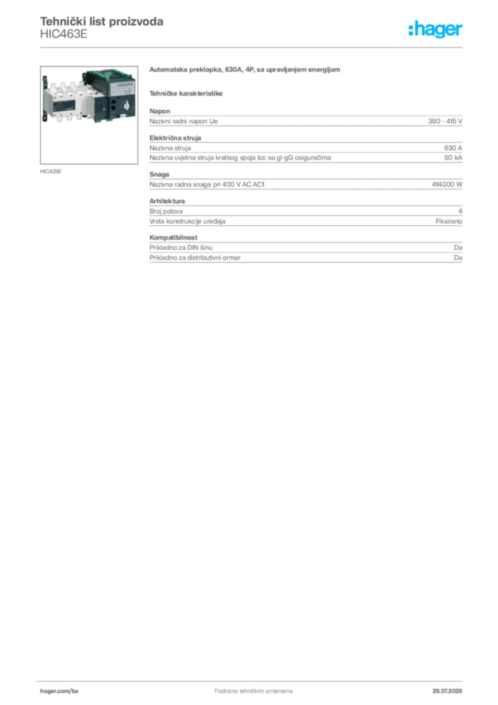 Slika Hager Product data sheet HIC463E  | Hager