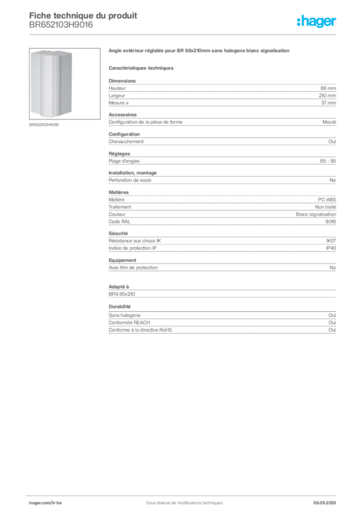 Image Hager Fiche technique du produit BR652103H9016 | Hager Belgique