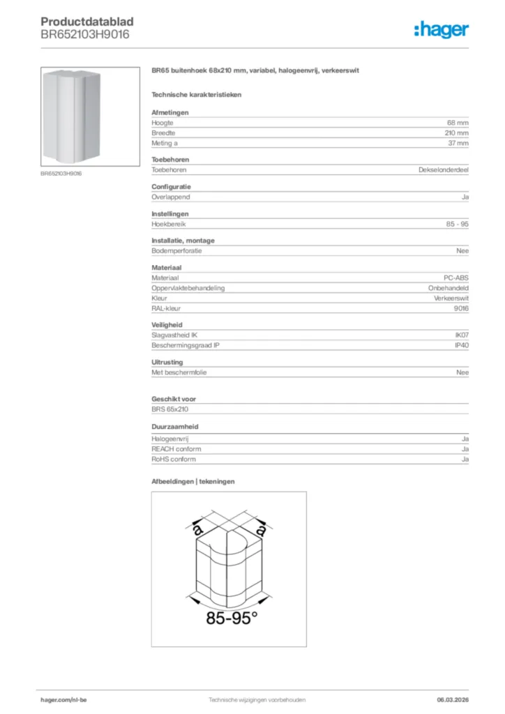 Afbeelding Hager Productdatablad BR652103H9016 | Hager Belgium