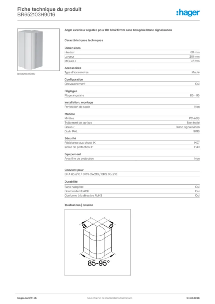 Image Hager Fiche technique du produit BR652103H9016 | Hager Suisse