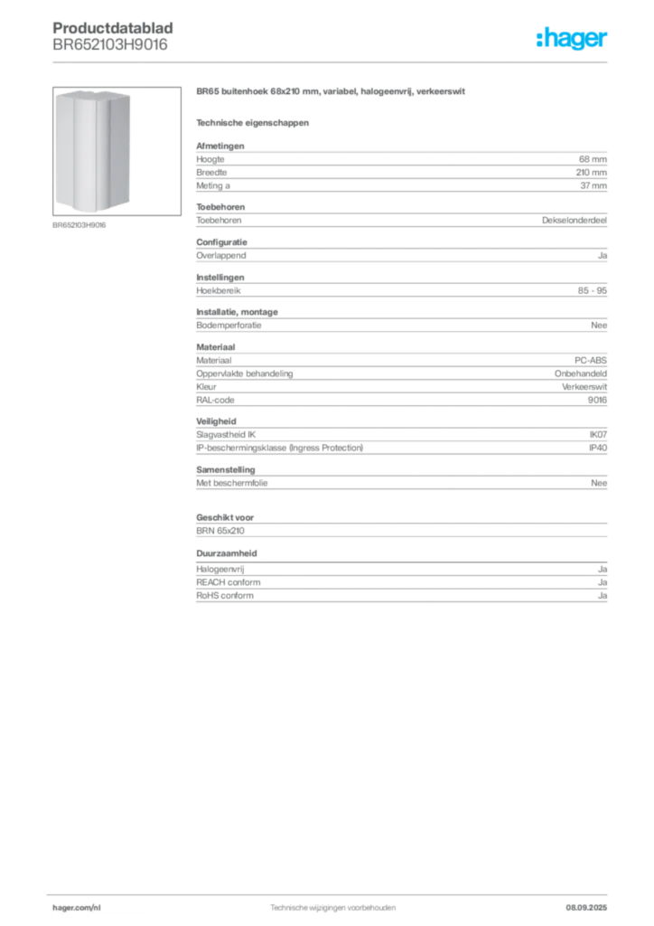 Afbeelding Hager Productdatablad BR652103H9016 | Hager Nederland
