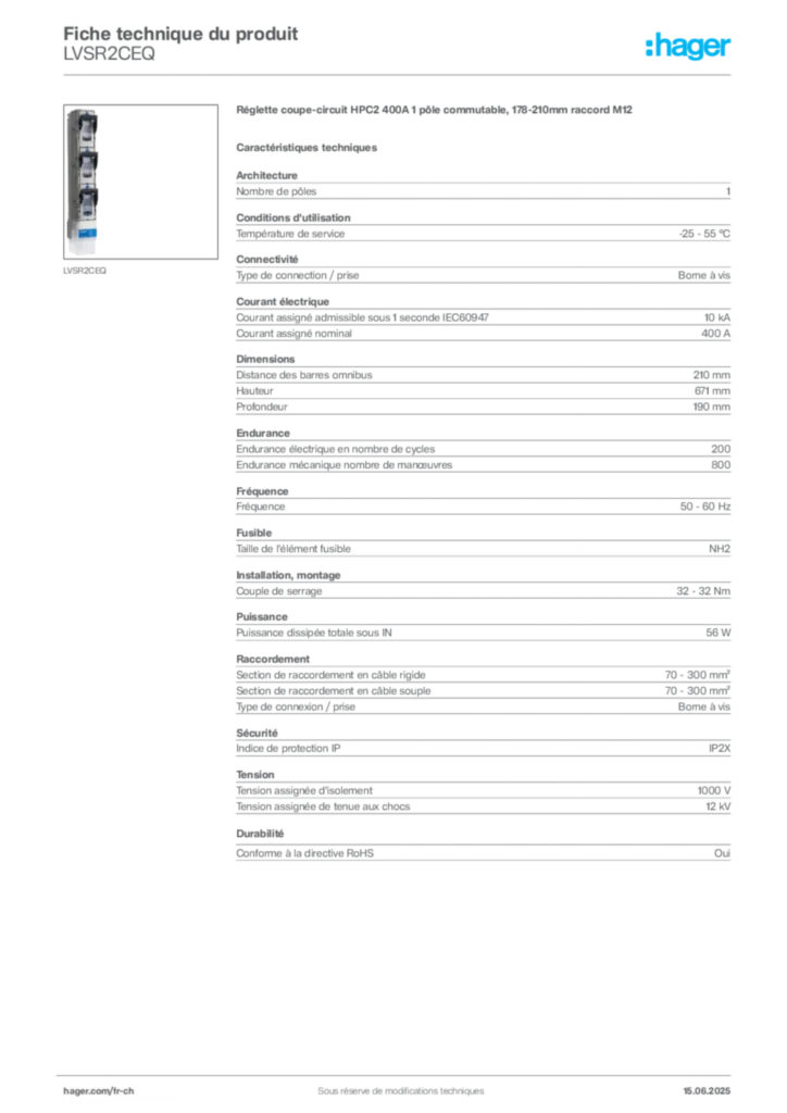Image Hager Fiche technique du produit LVSR2CEQ | Hager Suisse