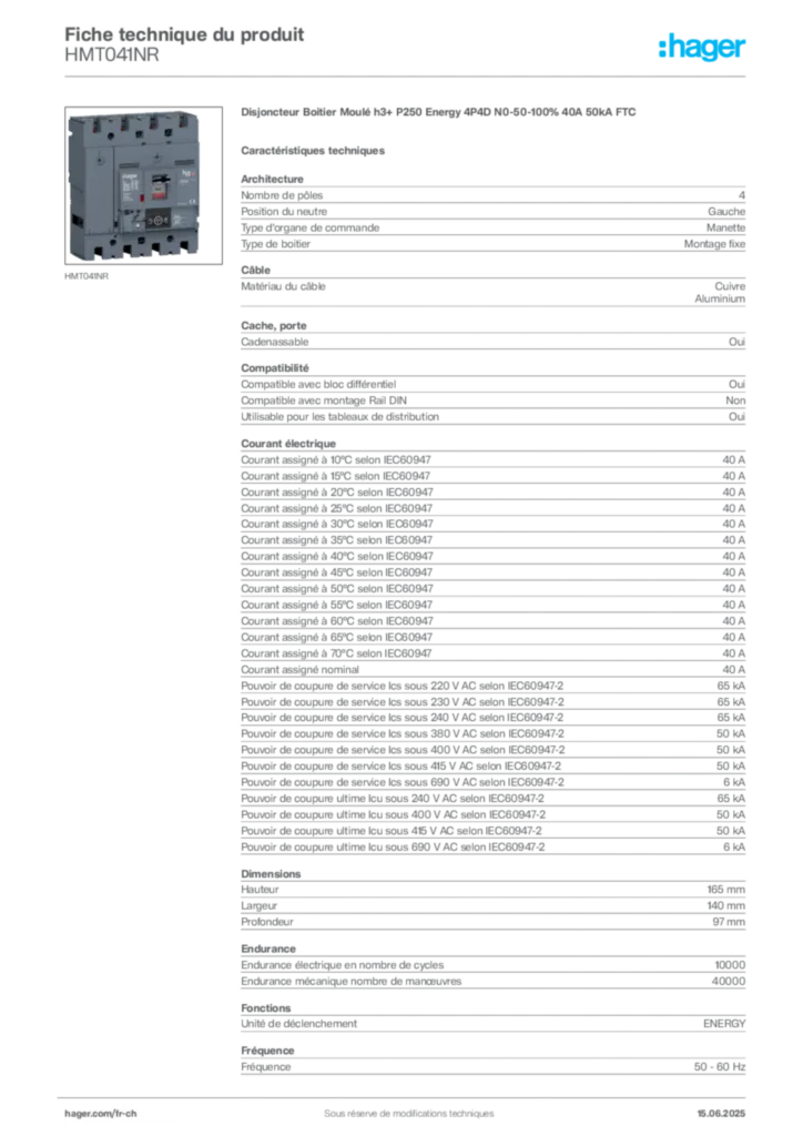 Image Hager Fiche technique du produit HMT041NR | Hager Suisse