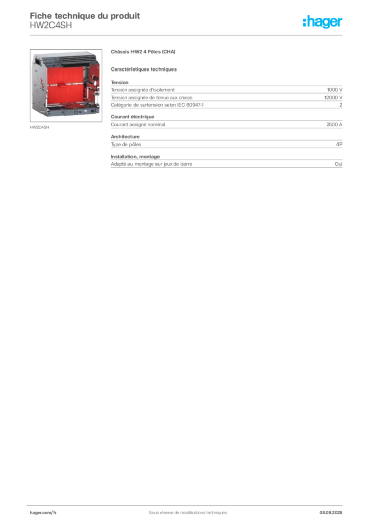 Image Hager Fiche technique du produit HW2C4SH | Hager France